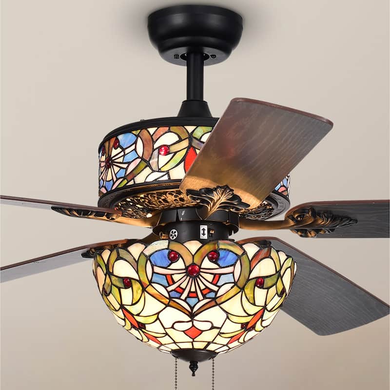 Ransoe 6-Light Blue Heart Tiffany 5-Blade 52-Inch Matte Black Ceiling Fan
