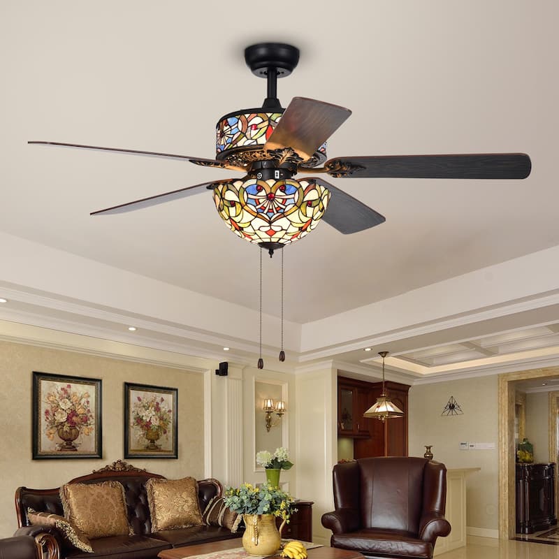 Ransoe 6-Light Blue Heart Tiffany 5-Blade 52-Inch Matte Black Ceiling Fan