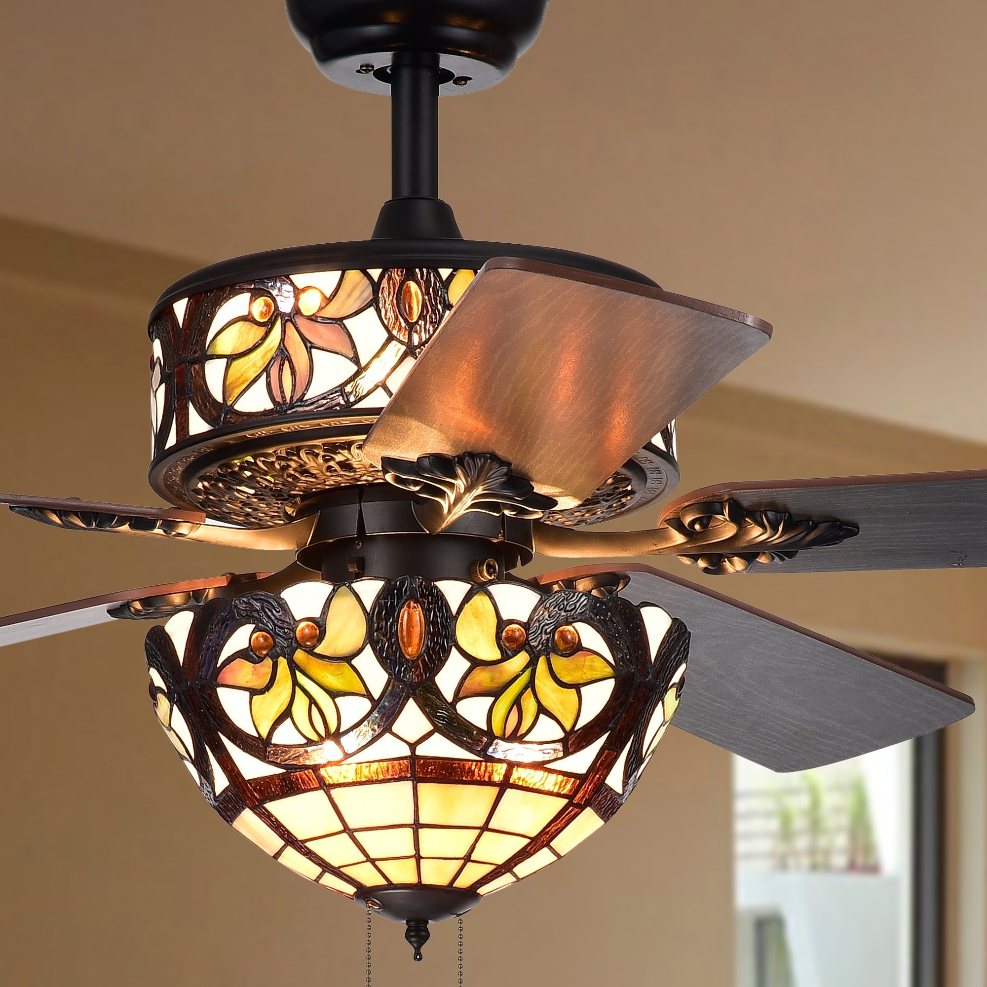 Warehouse of Tiffany Jyrku 6-Light Yellow Flower Tiffany 5-Blade 52-Inch Matte Black Ceiling Fan