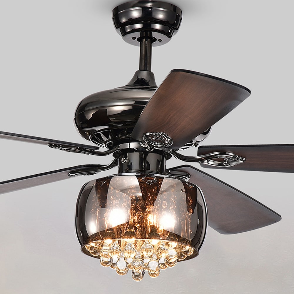 Nettle 3 Light Shaded Glass And Crystal 5 Blade 52 Inch Pear Black Ceiling Fan With Remote