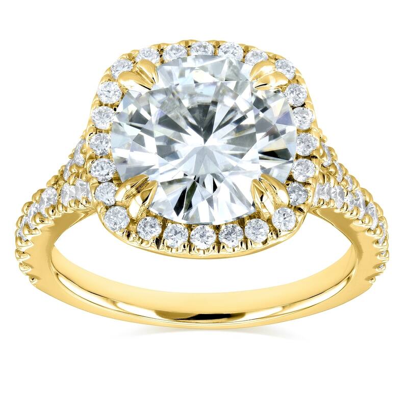 Annello by Kobelli 14k Gold 3 5/8ct TGW Round Moissanite and Diamond Halo Split Shank Engagement Ring