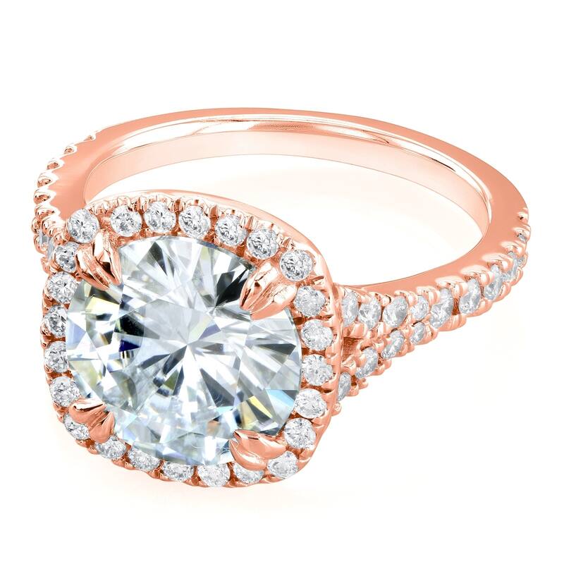 Annello by Kobelli 14k Gold 3 5/8ct TGW Round Moissanite and Diamond Halo Split Shank Engagement Ring - 4 - Rose