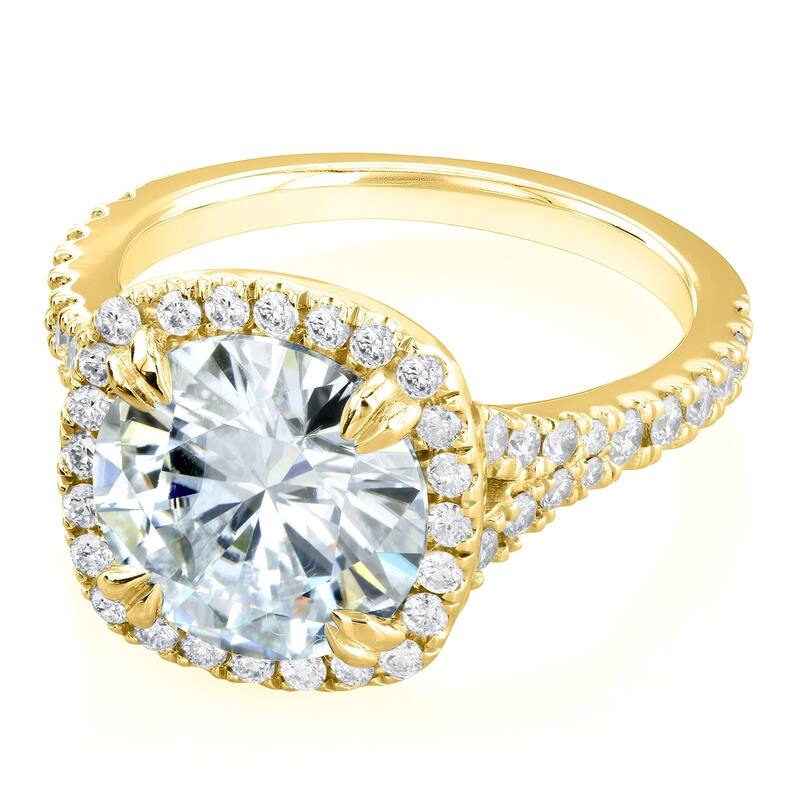 Annello by Kobelli 14k Gold 3 5/8ct TGW Round Moissanite and Diamond Halo Split Shank Engagement Ring - 4.5 - Yellow