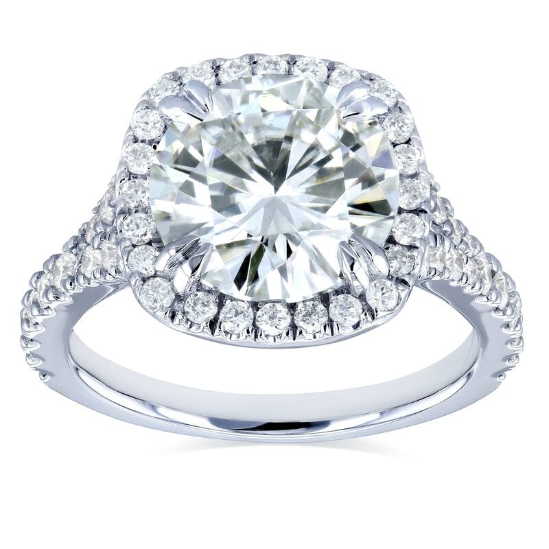 Annello by Kobelli 14k Gold 3 5/8ct TGW Round Moissanite and Diamond Halo Split Shank Engagement Ring