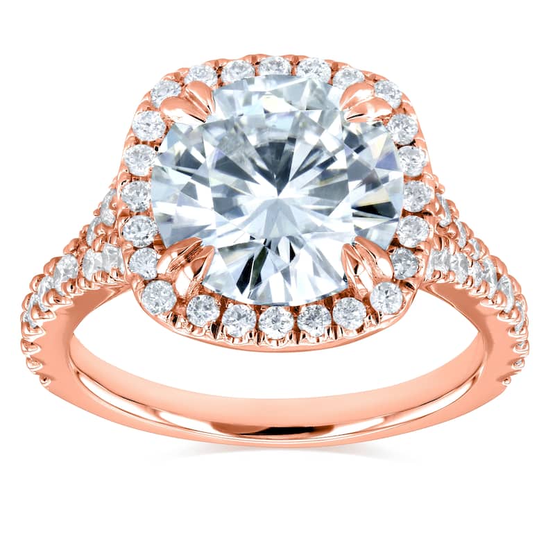 Annello by Kobelli 14k Gold 3 5/8ct TGW Round Forever One Moissanite and Diamond Halo Split Shank Engagement Ring