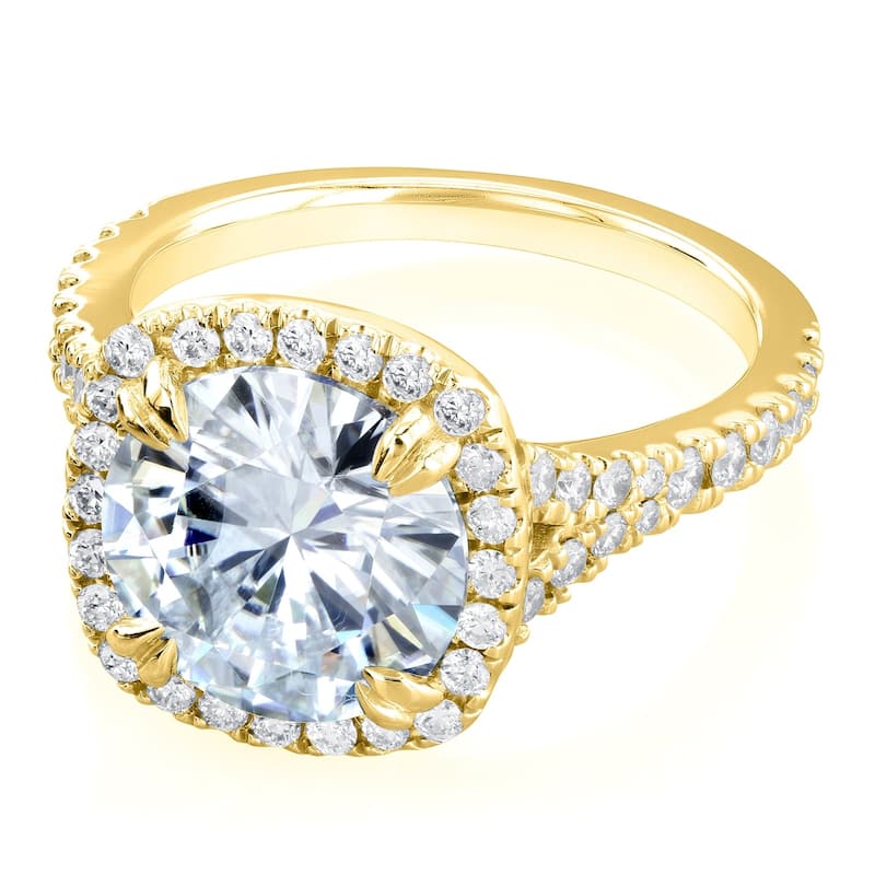 Annello by Kobelli 14k Gold 3 5/8ct TGW Round Forever One Moissanite and Diamond Halo Split Shank Engagement Ring