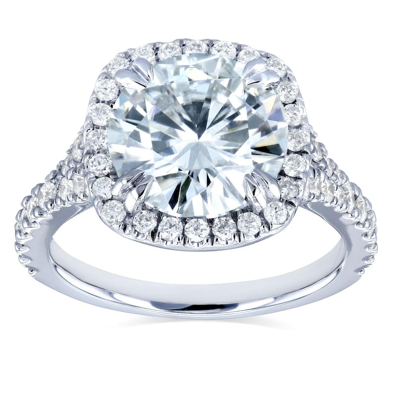 Annello by Kobelli 14k Gold 3 5/8ct TGW Round Forever One Moissanite and Diamond Halo Split Shank Engagement Ring