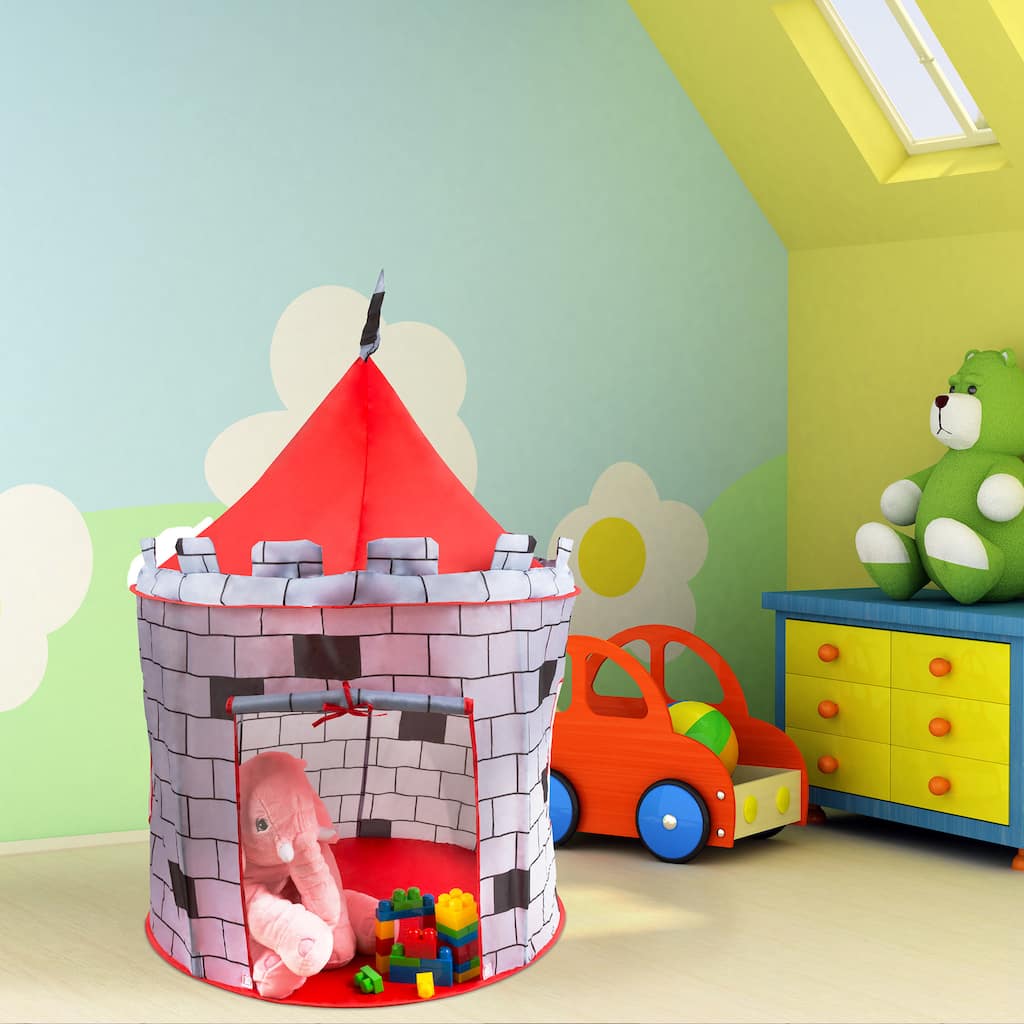 Kids Play Tent, Knight Castle- Pop Up for Indoor/Outdoor, Red and Gray Playroom Toy- Foldable with Carrying Bag by Hey! Play!