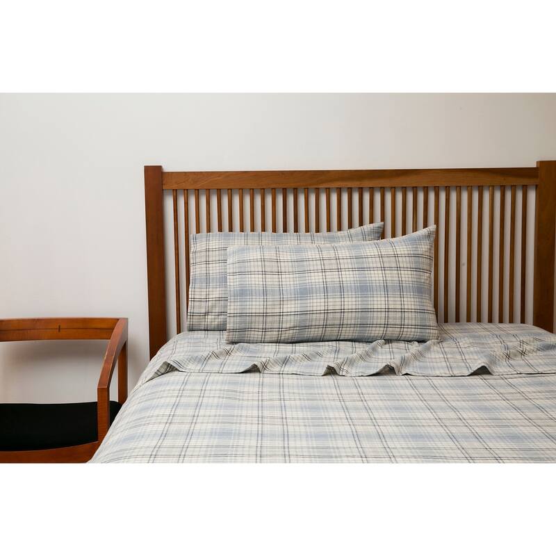 Flannel Plaid Bed Sheet Set - cream blue - King - 4 Piece