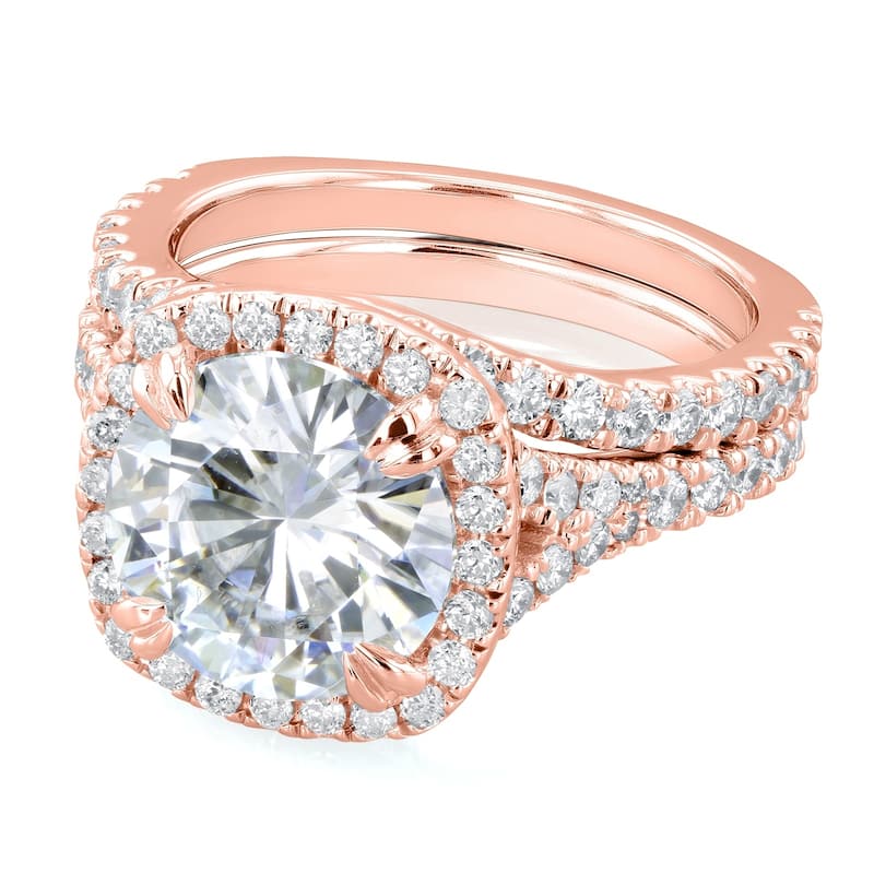 Annello by Kobelli 14k Gold 4ct TGW Round Moissanite and Diamond Halo Split Shank Bridal Wedding Set