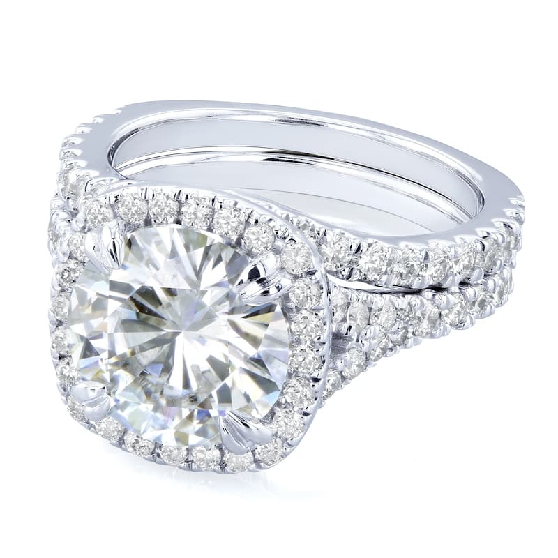Annello by Kobelli 14k Gold 4ct TGW Round Moissanite and Diamond Halo Split Shank Bridal Wedding Set