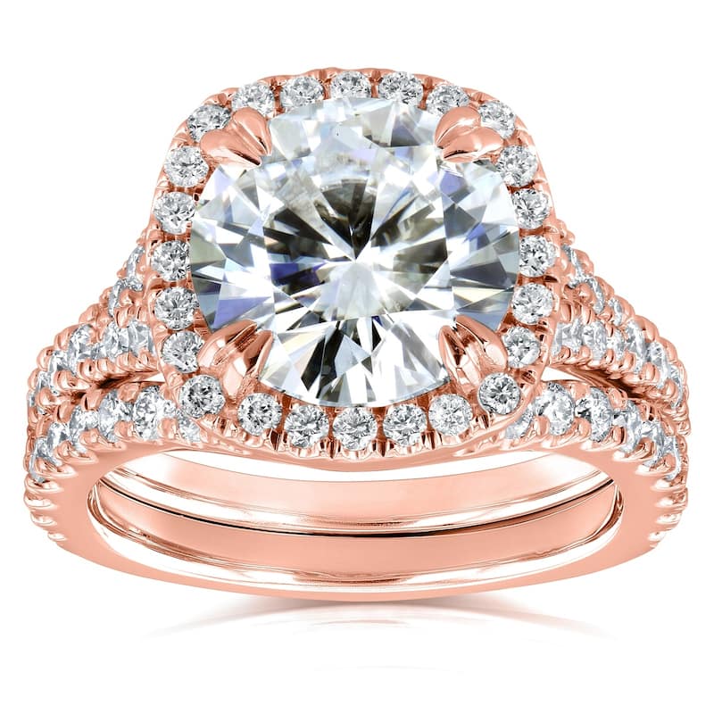 Annello by Kobelli 14k Gold 4ct TGW Round Moissanite and Diamond Halo Split Shank Bridal Wedding Set