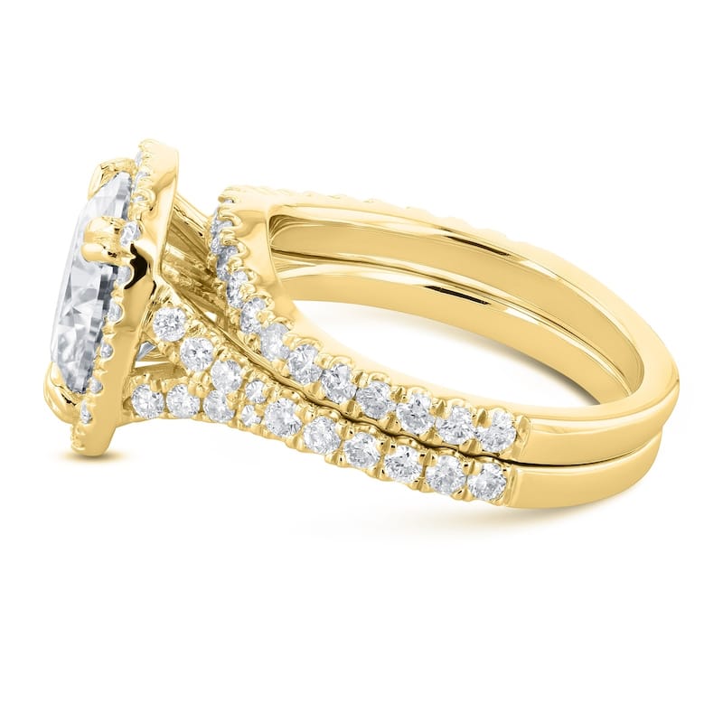 Annello by Kobelli 14k Gold 4ct TGW Round Forever One Moissanite and Diamond Halo Split Shank Bridal Wedding Set