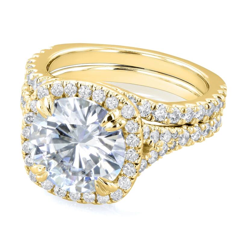 Annello by Kobelli 14k Gold 4ct TGW Round Forever One Moissanite and Diamond Halo Split Shank Bridal Wedding Set