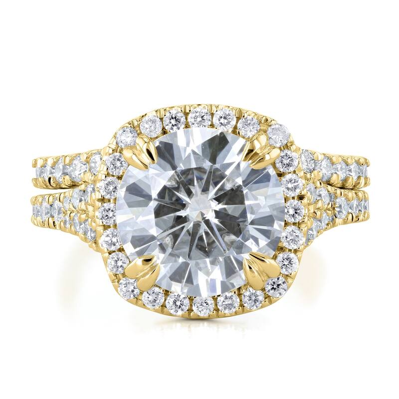 Annello by Kobelli 14k Gold 4ct TGW Round Forever One Moissanite and Diamond Halo Split Shank Bridal Wedding Set