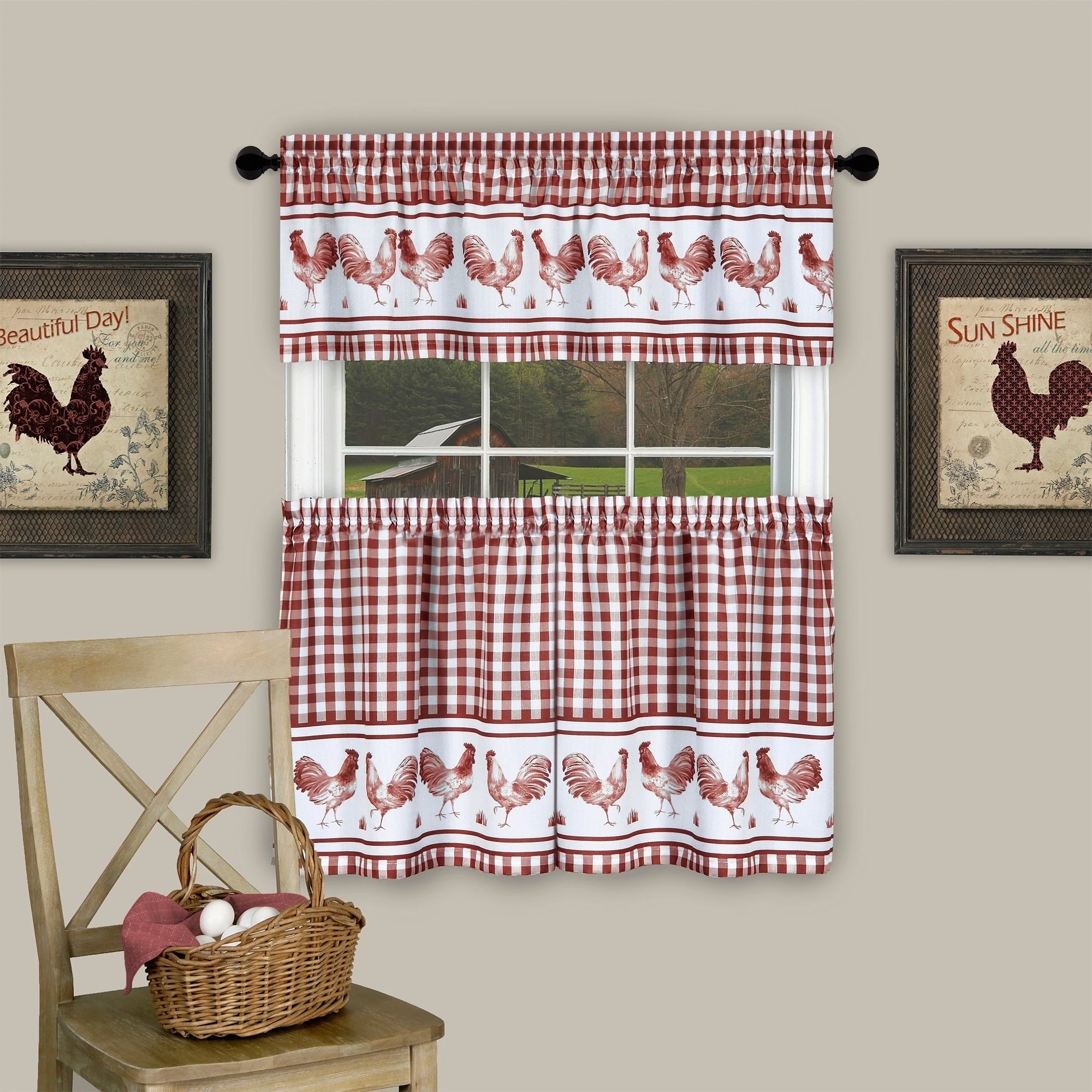 Shop 3 Piece Barnyard Buffalo Check Rooster Tier And Valance Curtain Set 24 Burgundy 24 Inch On Sale Overstock 19526374