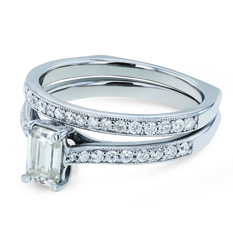 Annello by Kobelli 14k Gold 1ct TGW Emerald Moissanite and Diamond Square Euro Shank Vintage Trellis Bridal Rings Set