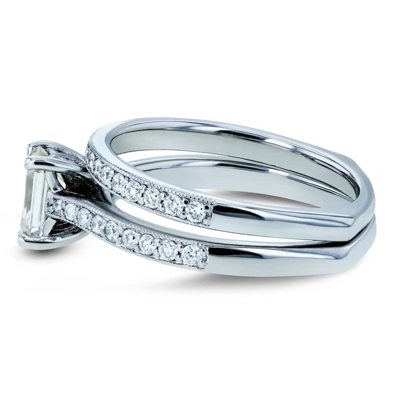 Annello by Kobelli 14k Gold 1ct TGW Emerald Moissanite and Diamond Square Euro Shank Vintage Trellis Bridal Rings Set