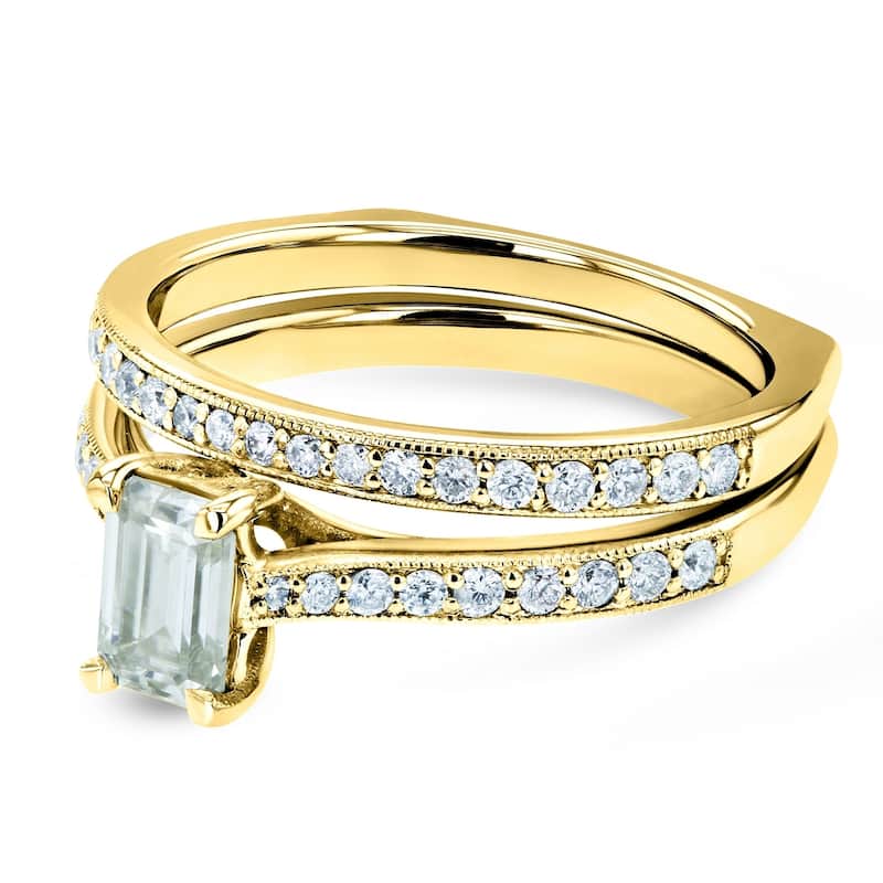 Annello by Kobelli 14k Gold 1ct TGW Emerald Moissanite and Diamond Square Euro Shank Vintage Trellis Bridal Rings Set