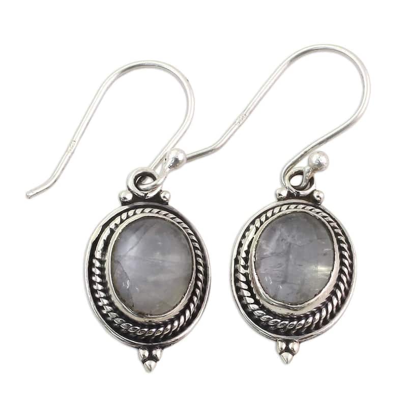 NOVICA Handmade Sterling Silver 'Moonlit Charm' Rainbow Moonstone Earrings (India) - 1.3*0.5