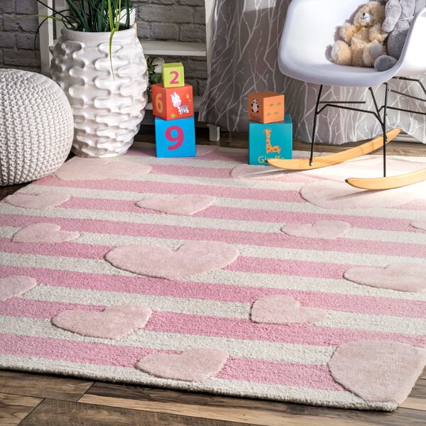 Nuloom Pink Kids Contemporary Hand Tufted Stripes And Hearts