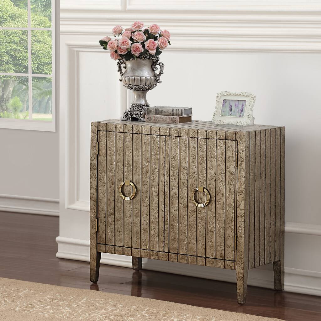 Beige Hand-Burnished Metal Clad Wrapped Accent Door Chest
