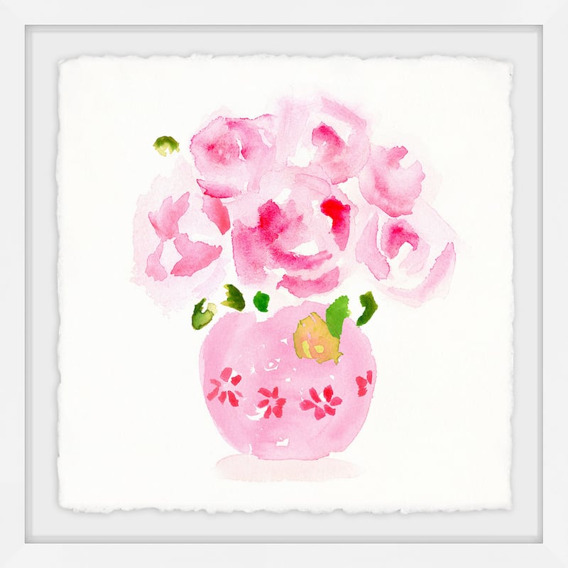 'Pink Floral Vase' Framed Painting Print - Multi-Color