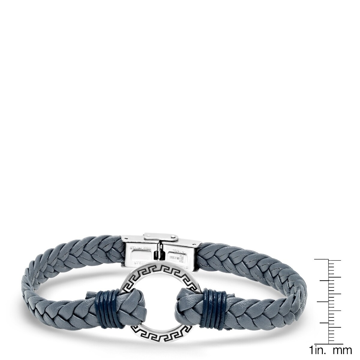 Stainless Steel Faux PU Leather Black Silver-Tone Greek Key Mens Bracelet 