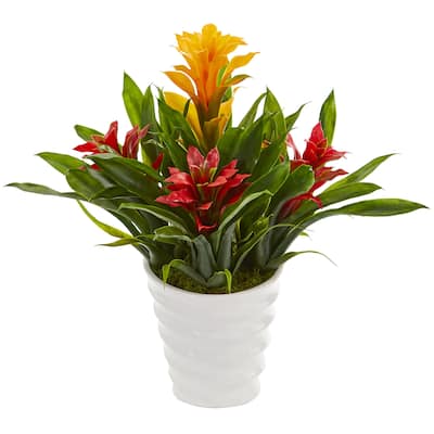 Bromeliad Artificial Plant in White Vase