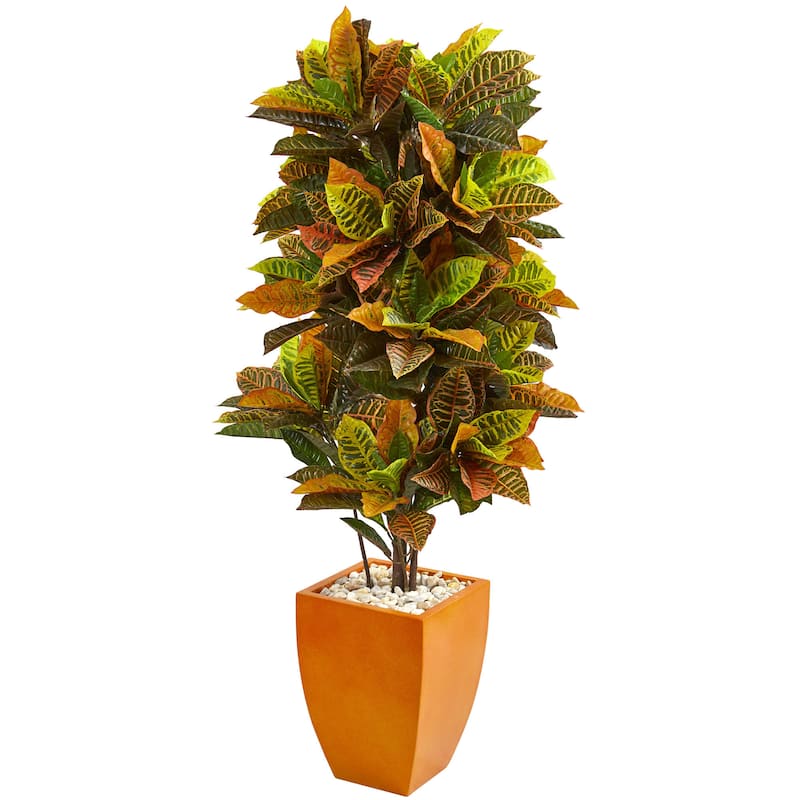 5.5' Croton Artificial Plant in Orange Planter (Real Touch)