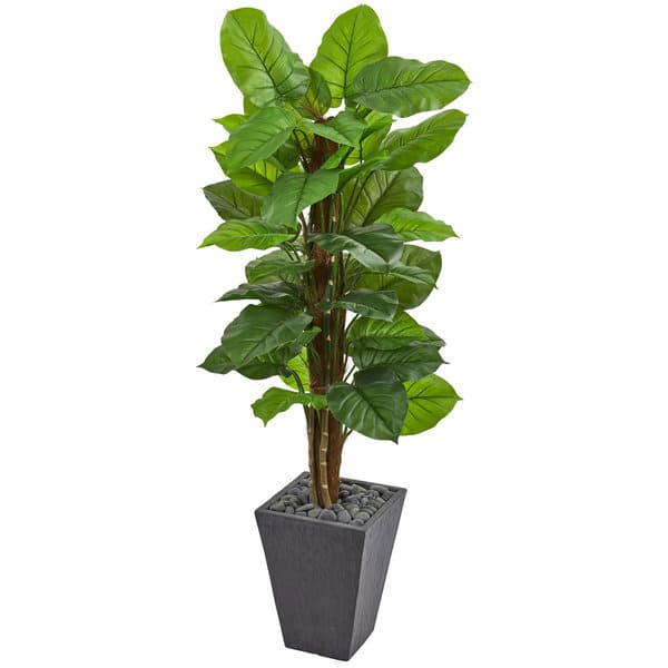 Nearly Natural 5-ft Large Leaf Philodendron Artificial Plant in Slate Planter (Real Touch)