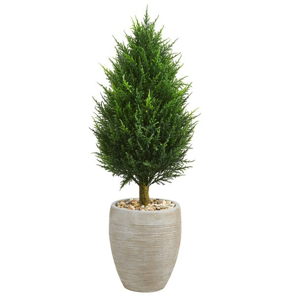 40" Cypress Cone Artificial Tree in Sand Colored Oval Planter UV Resistant (Indoor/Outdoor)