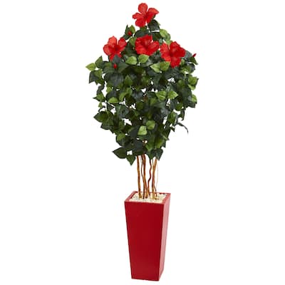 5.5' Hibiscus Artificial Tree in Red Tower Planter