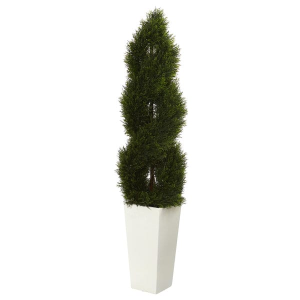 slide 1 of 1, 5.5' Double Pond Cypress Spiral Topiary Artificial Tree in White Tower Planter UV Resistant (Indoor/Outdoor)