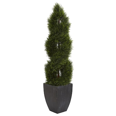 5' Double Pond Cypress Spiral Topiary Artificial Tree in Black Wash Planter UV Resistant (Indoor/Outdoor) - Green
