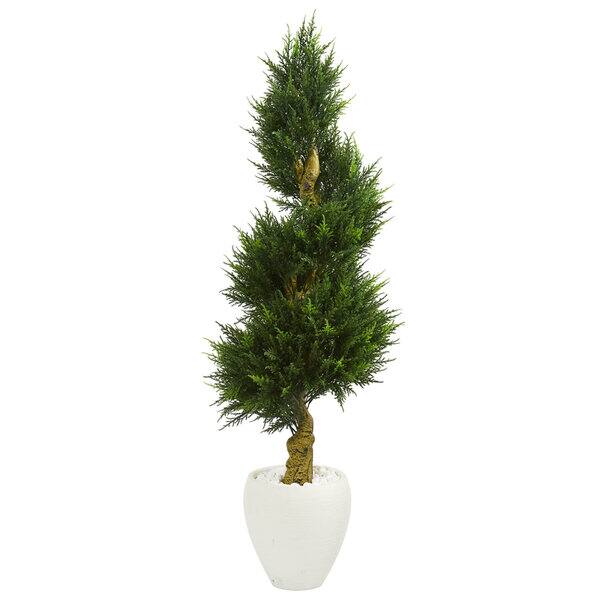 Real Tree Perfect Shape 5' Cypress Spiral Artificial Tree in White Oval Planter UV Resistant ...