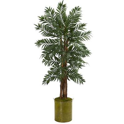 5' Parlor Palm Artificial Tree in Green Tin Planter