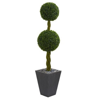 5' Double Ball Boxwood Topiary Artificial Tree in Slate Planter UV Resistant (Indoor/Outdoor)r)