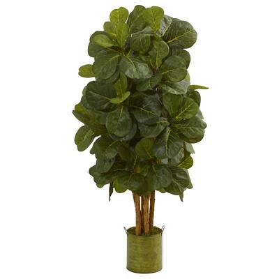 4.5' Fiddle Leaf Artificial Tree in Green Tin Planter