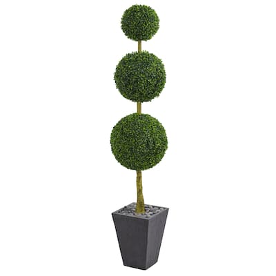 6' Boxwood Triple Ball Topiary Artificial Tree in Slate Planter UV Resistant (Indoor/Outdoor)