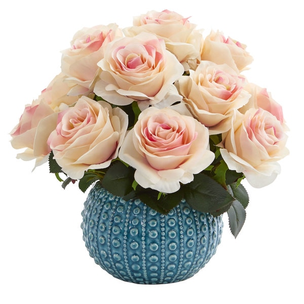 11.5" Rose Artificial Arrangement in Blue Ceramic Vase