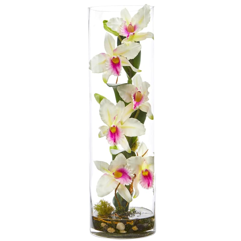 20" Cattleya Orchid Artificial Floral Arrangement in Cylinder Vase