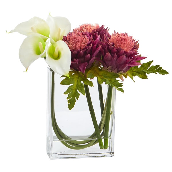 12" Calla Lily and Artichoke in Rectangular Glass Vase Artificial Arrangement