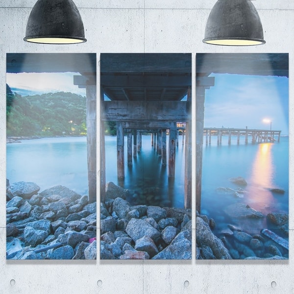 Designart Under Wood Bridge At Twilight Sea Bridge Glossy Metal Wall Art Overstock 19534674