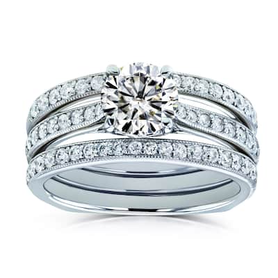 Annello by Kobelli 14k Gold 1 3/5ct TGW Round Moissanite and Diamond Euro-Band Vintage Trellis Bridal Rings Set
