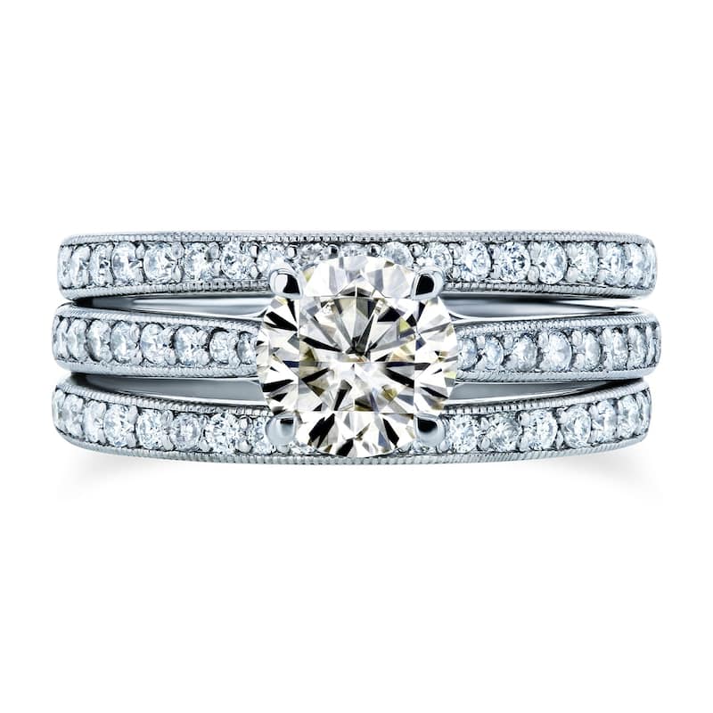 Annello by Kobelli 14k Gold 1 3/5ct TGW Round Moissanite and Diamond Euro-Band Vintage Trellis Bridal Rings Set