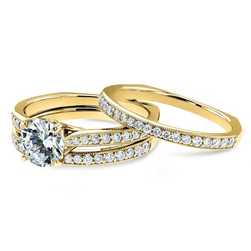 Annello by Kobelli 14k Gold 1 3/5ct TGW Round Moissanite and Diamond Euro-Band Vintage Trellis Bridal Rings Set