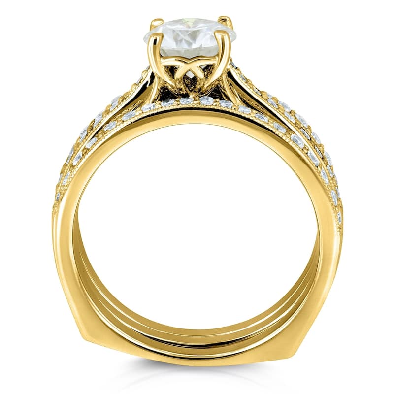 Annello by Kobelli 14k Gold 1 3/5ct TGW Round Moissanite and Diamond Euro-Band Vintage Trellis Bridal Rings Set