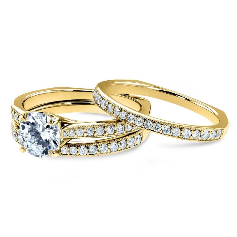 Annello by Kobelli 14k Gold 1 3/5ct TGW Round Forever One Moissanite and Diamond Square Shank Vintage Trellis Bridal Rings Set