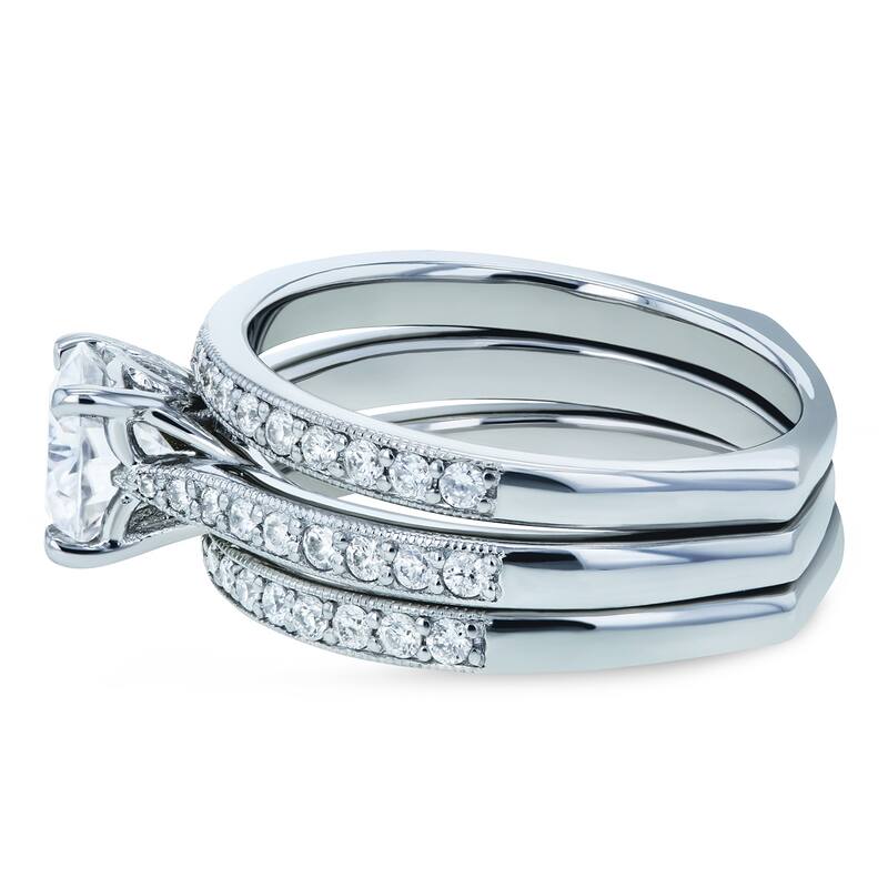Annello by Kobelli 14k Gold 1 3/5ct TGW Round Forever One Moissanite and Diamond Square Shank Vintage Trellis Bridal Rings Set
